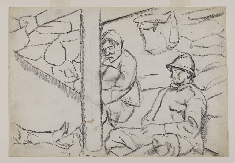 In trincea a Zenzon, Soldati a riposo in trincea (disegno) di Funi, Achille Virgilio Socrate (sec. XX)