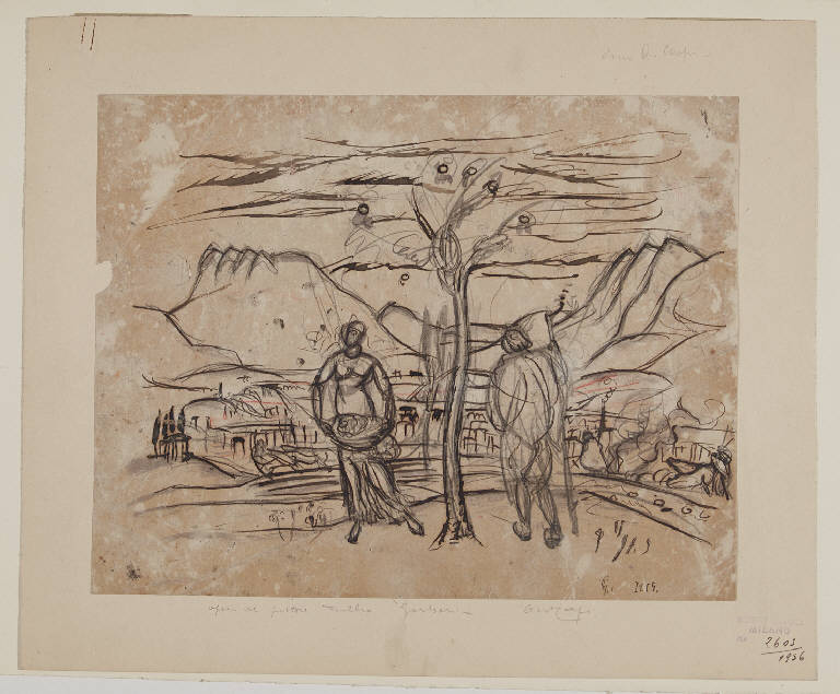 Paesaggio con sfondo di monti e una figuretta femminile e una maschile (disegno) di Garbari, Tullio (sec. XX)