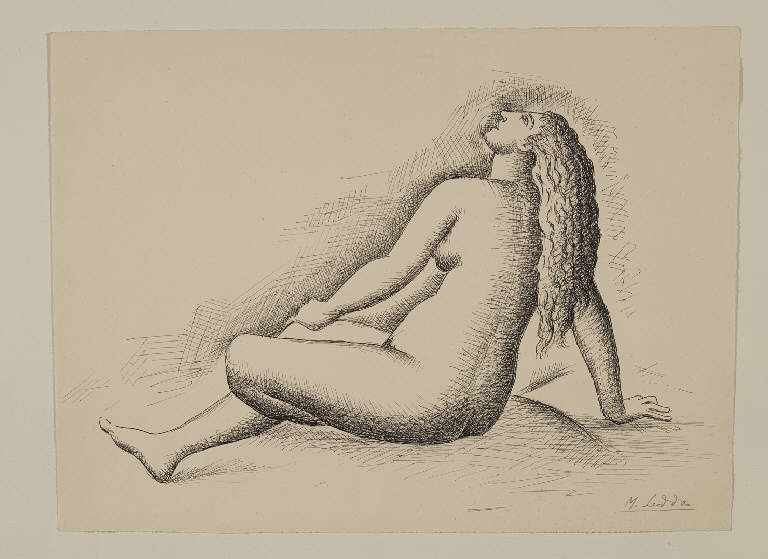 Figura femminile, nuda, seduta (disegno) di Ledda, Marius (sec. XX)