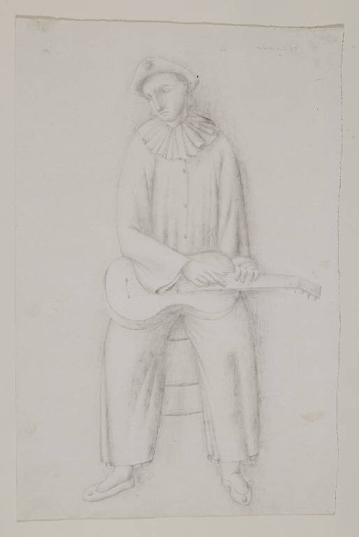 Arlecchino seduto con chitarra (disegno) di Manzoni, Giacomo detto Manzù (sec. XX)