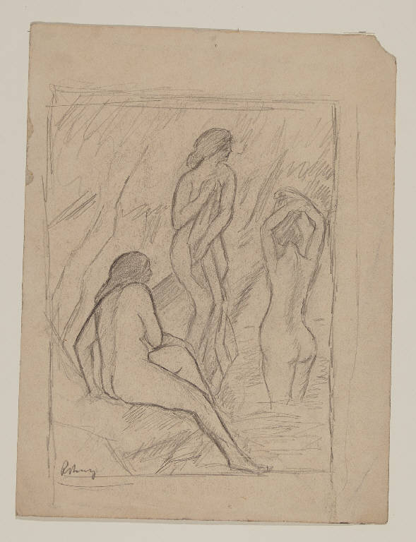 Donne nude che si bagnano in un corso d'acqua (disegno) di Marussig, Piero (sec. XX)