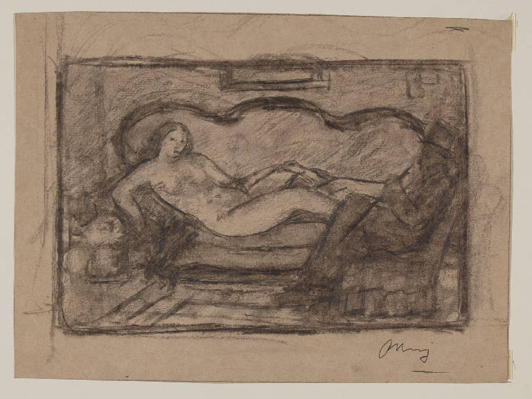 Figura femminile nuda sdraiata in un divano (disegno) di Marussig, Piero (sec. XX)