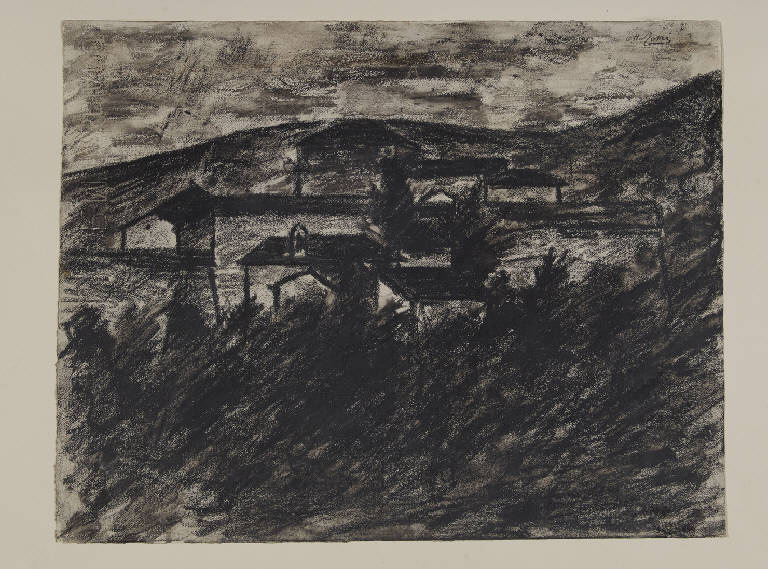 Paese, Paesaggio di collina con case (disegno) di Rosai, Ottone (sec. XX)