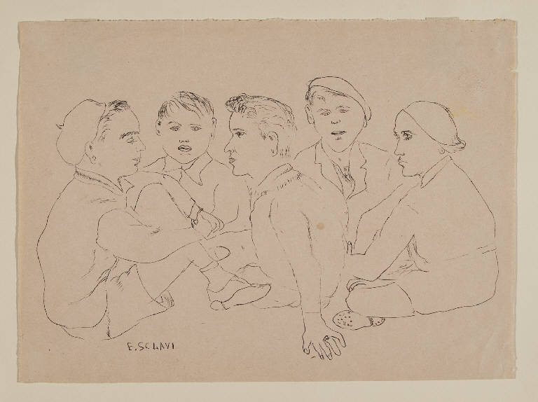 Gruppo di ragazzi seduti, Cinque giovani seduti a terra (disegno) di Sclavi, Ezio (sec. XX)