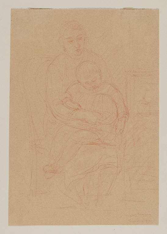 Donna seduta con un bimbo sulle ginocchia (disegno) di Semeghini, Pio (sec. XX)