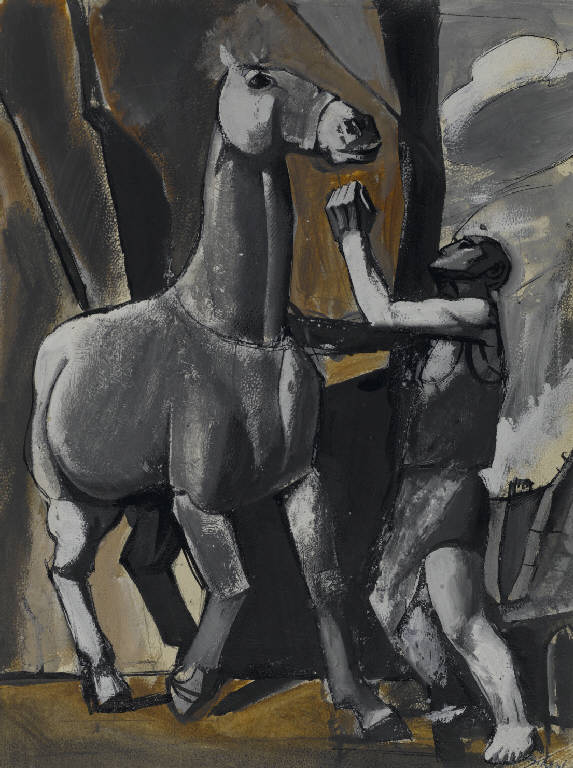Composizione: Uomo in atto di trattenere un cavallo, Cavallo e cavaliere (disegno) di Sironi, Mario (sec. XX)
