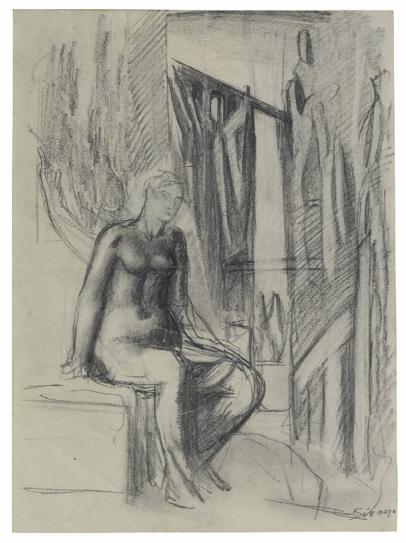 Figura, Malinconia, Nudo femminile con sfondo di rocce sormontate da un altissimo ponte (disegno) di Sironi, Mario (sec. XX)