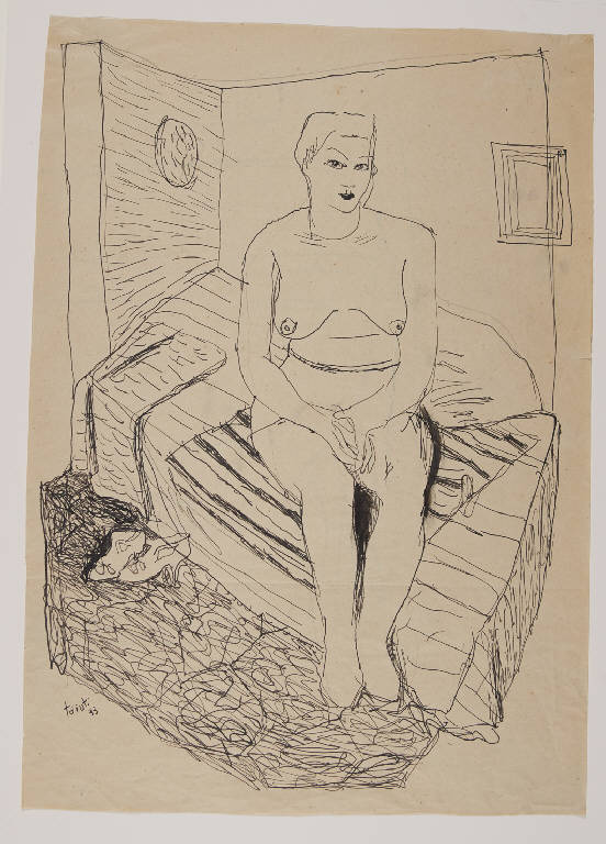Studio di giovane nuda seduta su un letto (disegno) di Taiuti, Silvano (sec. XX)