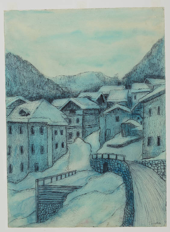 Il paese di Zappen nel Cadore sotto la neve (disegno) di Tomea, Fiorenzo (sec. XX)
