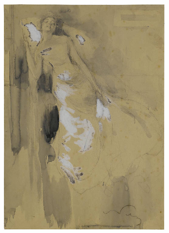 Incapace a reggersi piegava il capo sopra il guanciale, Languore, Studio per figura di donna seduta (disegno) di Valeri, Ugo (sec. XX)