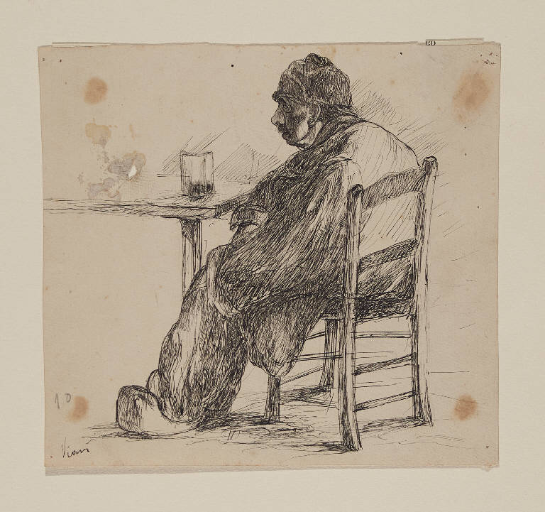 Bevitore, Figura di bevitore seduto al tavolo con un bicchiere di vino davanti (disegno) di Viani, Lorenzo (sec. XX)