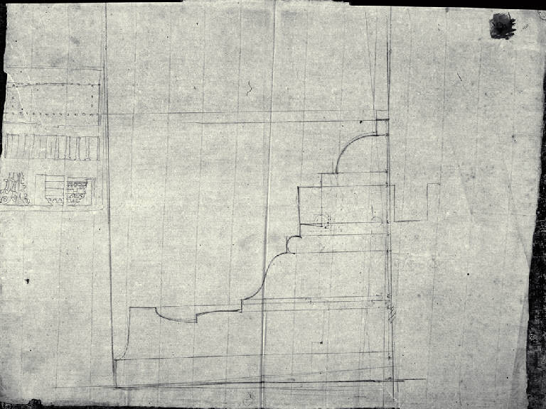 Pianta del colonnato di S. Lorenzo a Milano con prospetti di elementi decorativi e sezione di modanatura (disegno) di Amati, Carlo (sec. XIX)