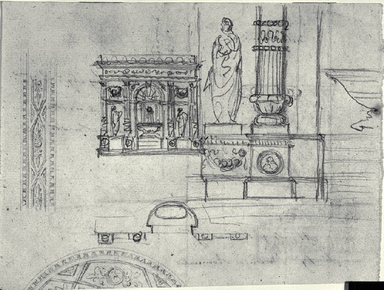Pianta, prospetto e decorazione di una fontana monumentale addossata a parete (disegno) di Amati, Marco (sec. XIX)