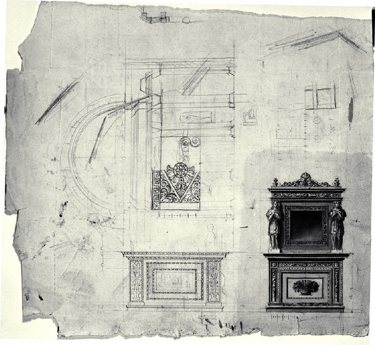 Prospetti di stipo e sezione di navata (?) (disegno) di Amati, Marco (secondo quarto sec. XIX)