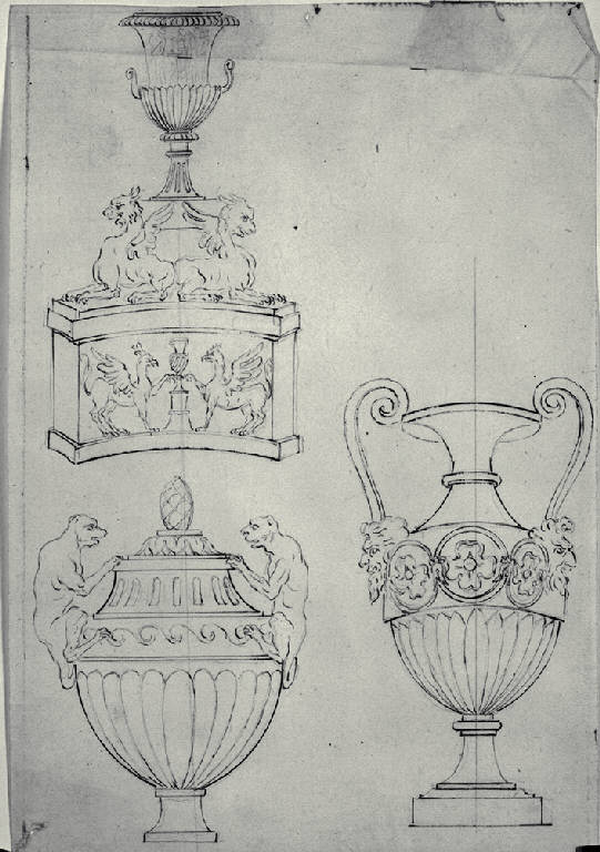 Vasi cinerari e anfora (disegno) - ambito milanese (fine sec. XVIII)