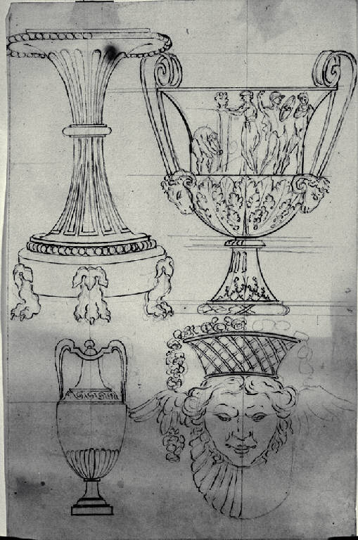 Piedistallo, anfora, vaso cinerario e protome (disegno) - ambito milanese (fine sec. XVIII)