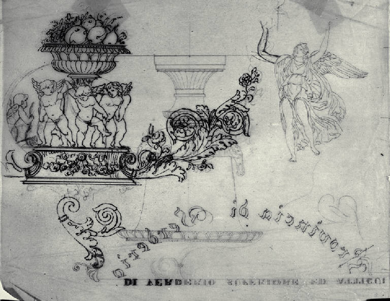 Fregio con putti e angelo volante (disegno) - ambito milanese (sec. XIX)
