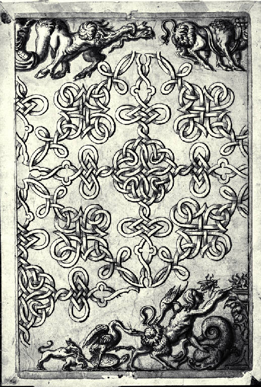 Pannello ornamentale con nastri annodati e grottesche con satiro, animali e due figure antropocefale (disegno) - ambito lombardo (sec. XVIII)