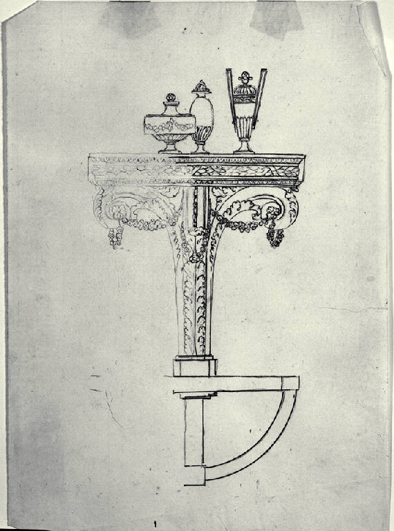 Pianta e prospetto di tavolino parietale con portaprofumi (disegno) - ambito milanese (fine sec. XVIII)