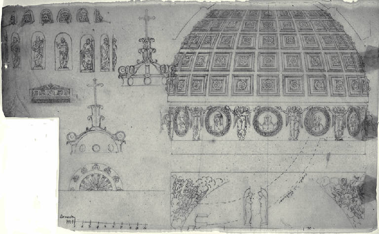 Sezione trasversale della cupola del Duomo di Bergamo con particolari della decorazione scultorea, della lanterna e dei pennacchi (disegno) di Amati, Carlo (sec. XIX)
