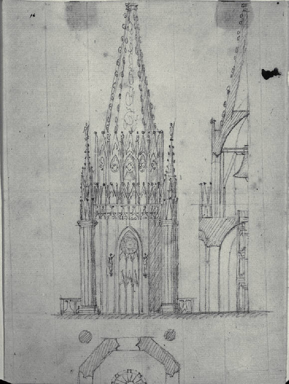 Pianta, prospetto e sezione trasversale della guglia del Duomo di Milano (disegno) di Amati, Carlo (sec. XIX)
