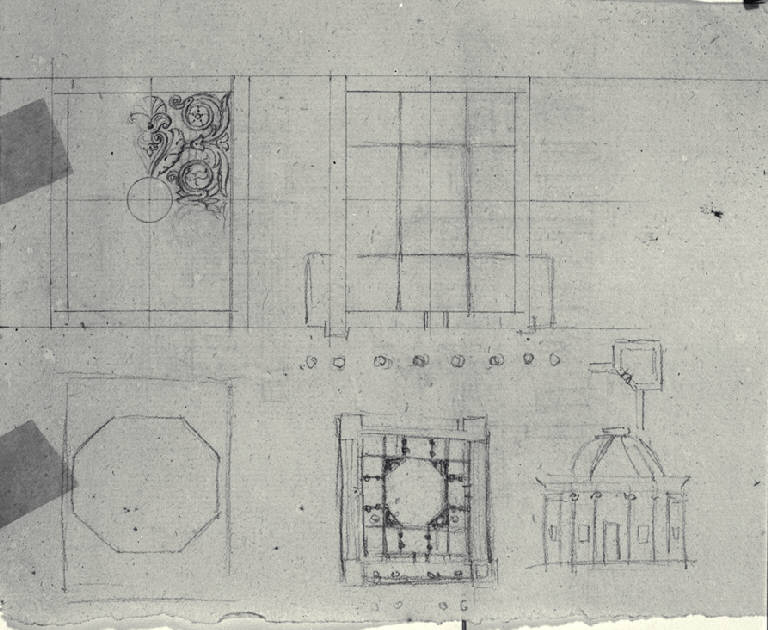 Pianta, prospetto ed elementi decorativi di un caffehaus (schizzo) di Amati, Marco (sec. XIX)