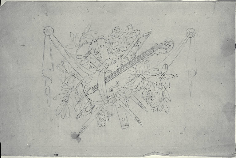 Trofeo con strumenti musicali e rami di alloro e quercia (disegno) di Amati, Carlo (fine sec. XVIII)