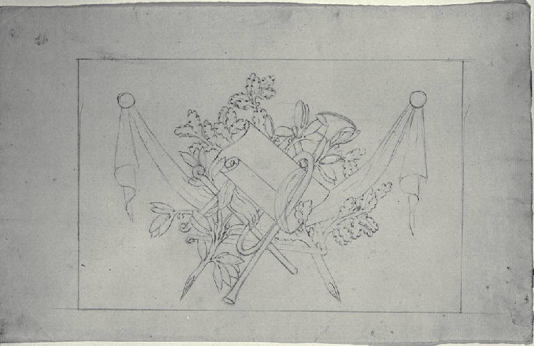 Trofeo con strumenti musicali e rami di alloro e quercia (disegno) di Amati, Carlo (fine sec. XVIII)