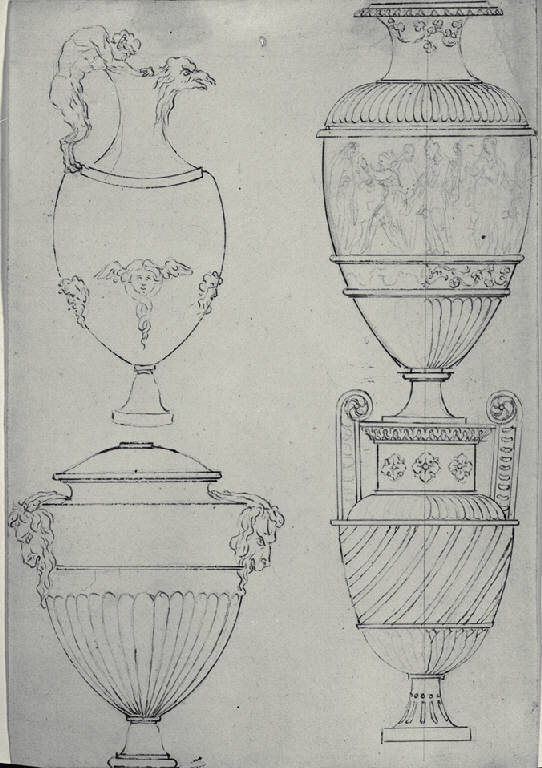 Vaso, vasi cinerari e anfora (disegno) - ambito milanese (fine sec. XVIII)