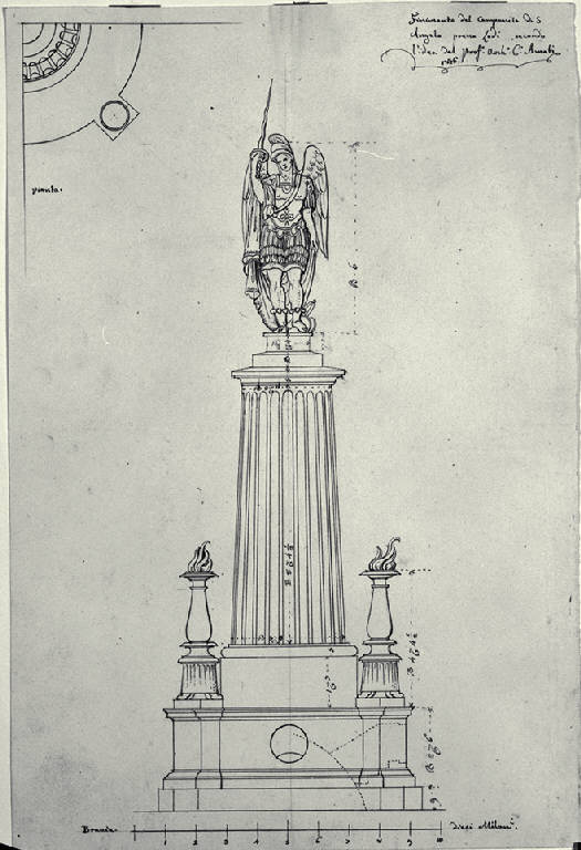 Pianta e prospetto del campanile della chiesa di S. Antonio Abate a S. Angelo Lodigiano (disegno) di Amati, Carlo (sec. XIX)