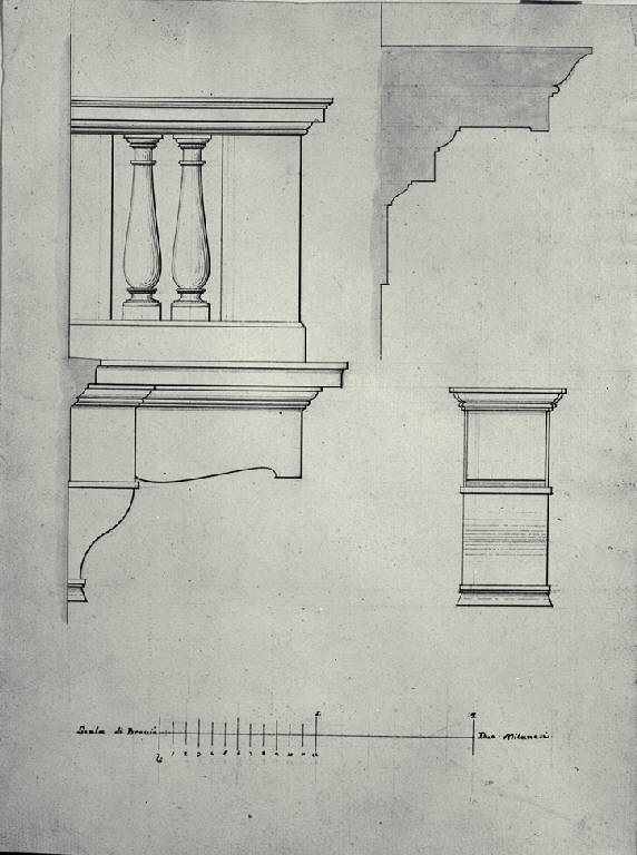 Prospetto laterale e sezione di balcone con mensola (disegno) di Amati, Marco (secondo quarto sec. XIX)