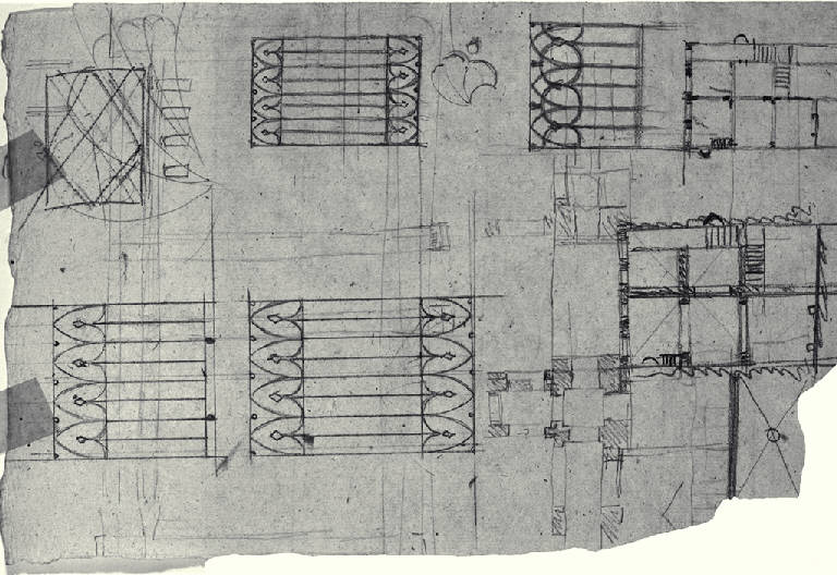 Parapetto in ferro battuto e pianta parziale di un edificio (disegno) di Amati, Marco (secondo quarto sec. XIX)