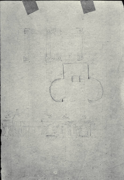 Pianta parziale di edificio e sezione di un edificio porticato (schizzo) di Amati, Carlo (prima metà sec. XIX)