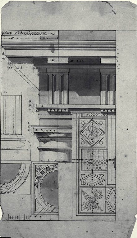 Trabeazione e capitello di ordine dorico (disegno) di Amati, Carlo (sec. XIX)