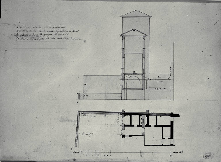 Pianta e sezione trasversale dell'edicola a pianta semiottagonale e a tre piani per la Casa di Carlo Amati a Milano (già Contrada della Spiga 788) (disegno) di Amati, Carlo (sec. XIX)