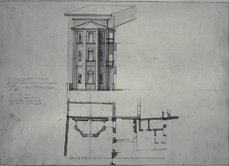 Pianta e prospetto dell'edicola a pianta semiottagonale e a tre piani per la Casa di Carlo Amati a Milano (già Contrada della Spiga 788) (disegno) di Amati, Carlo (sec. XIX)