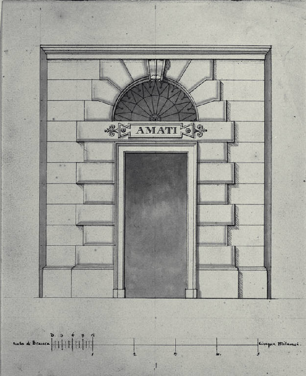 Prospetto del portone d'ingresso della casa di Giovanni Battista Amati a Milano (già Porta Comasina 2126) (disegno) di Amati, Carlo (sec. XIX)