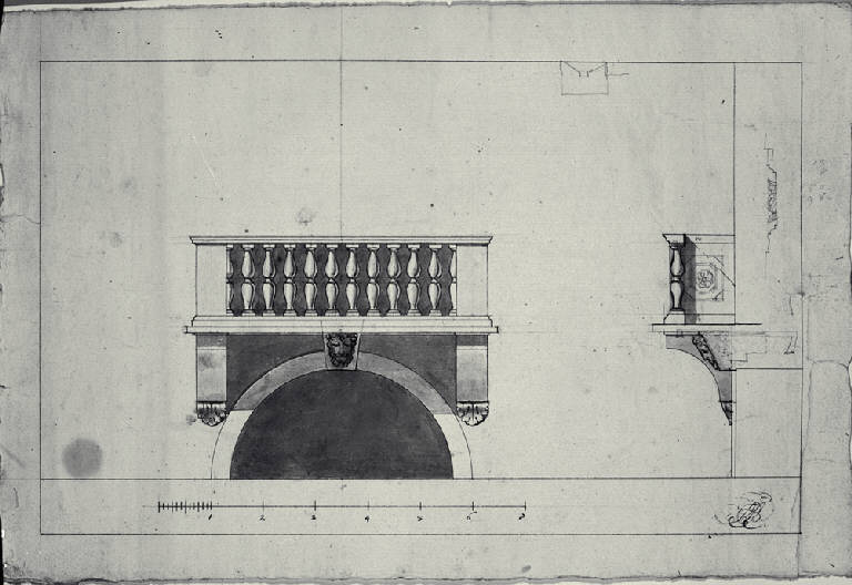 Prospetto e sezione del balcone della Villa Durini (detta Cazzola) ad Arcore (disegno) di Amati, Carlo (sec. XIX)