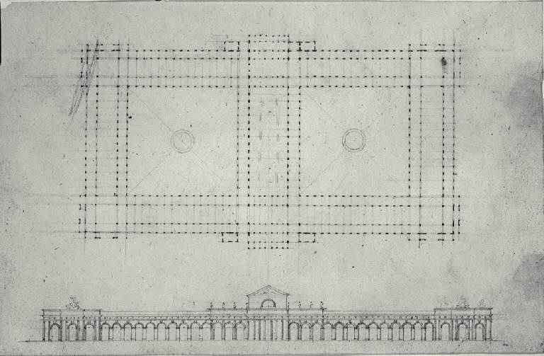 Pianta e prospetto di edificio pubblico con fontane (disegno) di Amati, Carlo (prima metà sec. XIX)