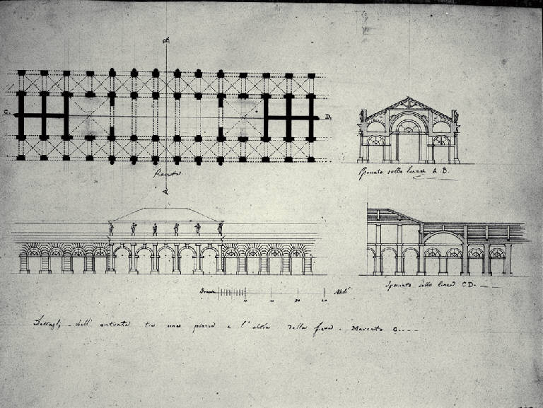 Pianta e sezione dell'entrata di una fiera (disegno) di Amati, Marco (sec. XIX)