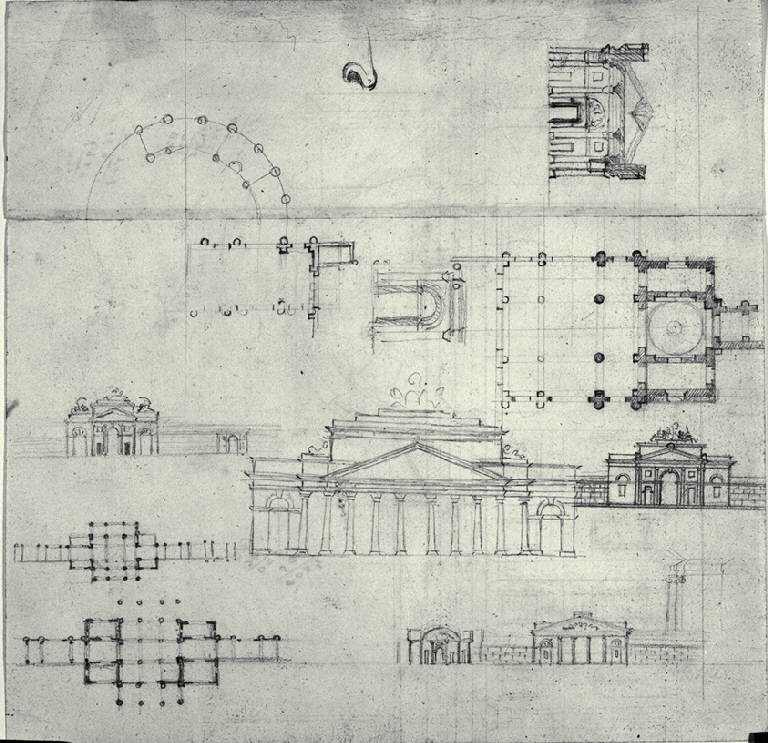 Pianta e prospetto degli ingressi di un cimitero (disegno) di Amati, Carlo (prima metà sec. XIX)