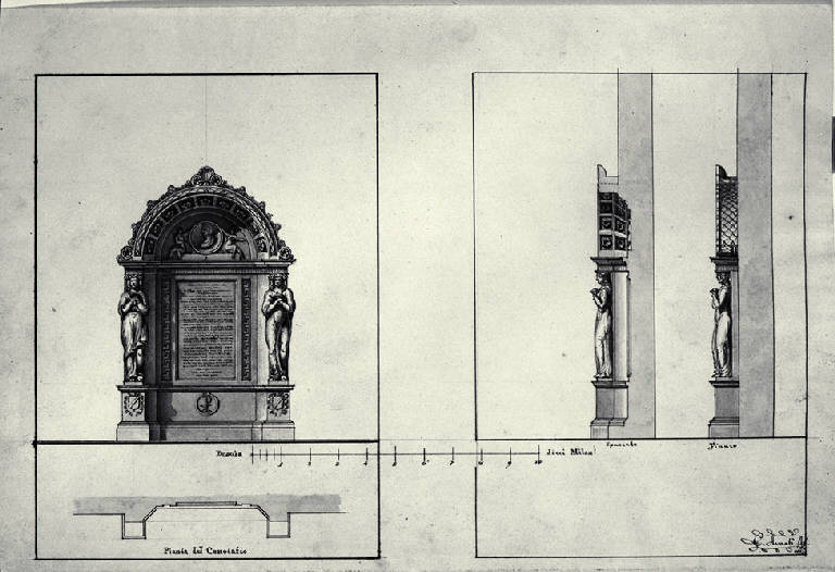 Pianta, prospetto, sezione e prospetto laterale di un cenotafio (disegno) di Amati, Carlo (sec. XIX)