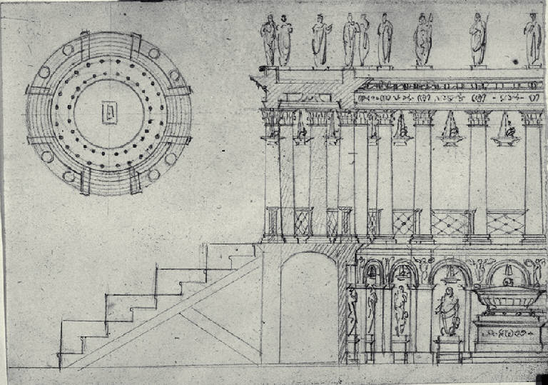 Pianta e sezione trasversale di catafalco (disegno) di Amati, Carlo (prima metà sec. XIX)