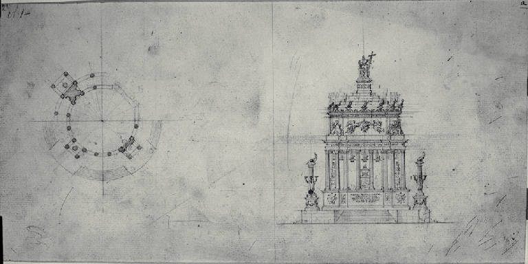 Pianta e prospetto di catafalco (disegno) di Amati, Carlo (prima metà sec. XIX)