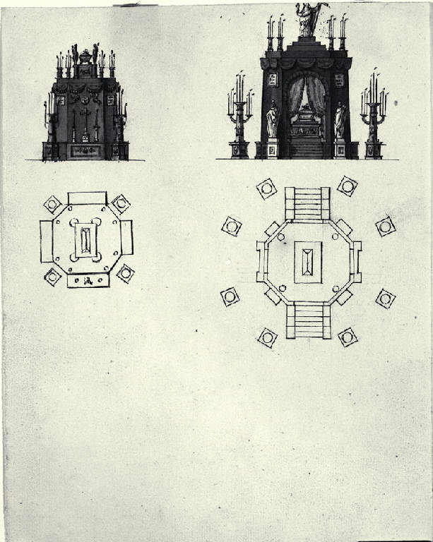 Piante e prospetti di catafalchi (disegno) - ambito milanese (fine sec. XVIII)