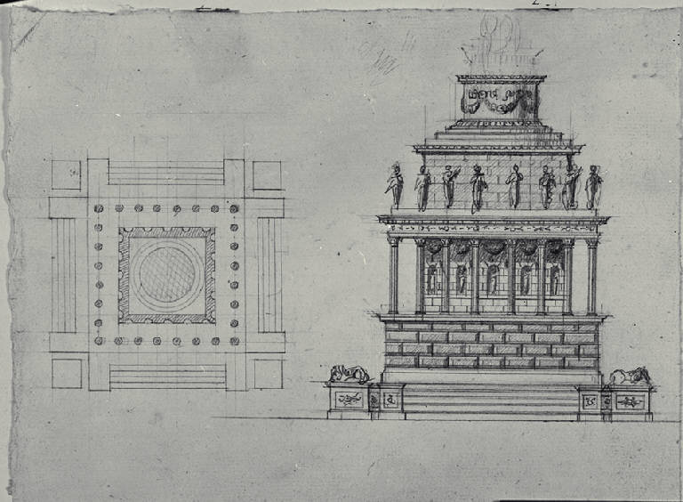 Pianta e prospetto di monumento commemorativo (disegno) di Amati, Carlo (inizio sec. XIX)