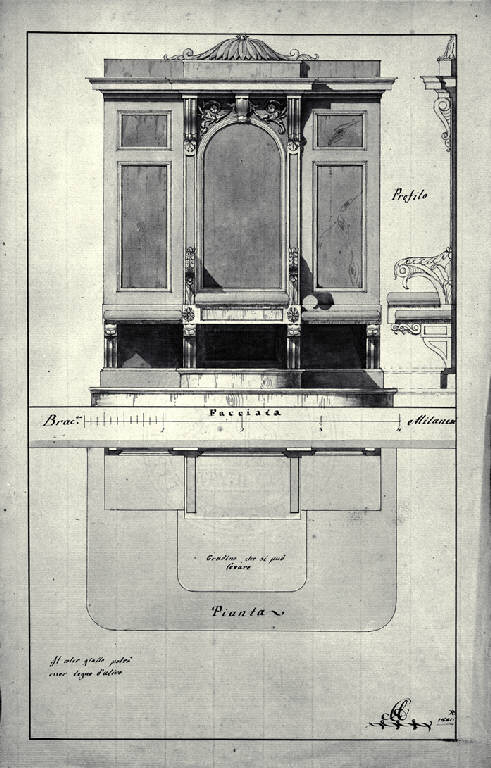 Pianta, sezione e prospetto del seggio per un arciprete (disegno) di Amati, Carlo (sec. XIX)