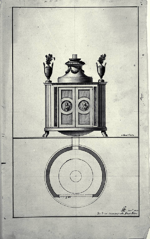 Pianta e prospetto di camino "alla Francklin" (disegno) di Amati, Carlo (sec. XIX)