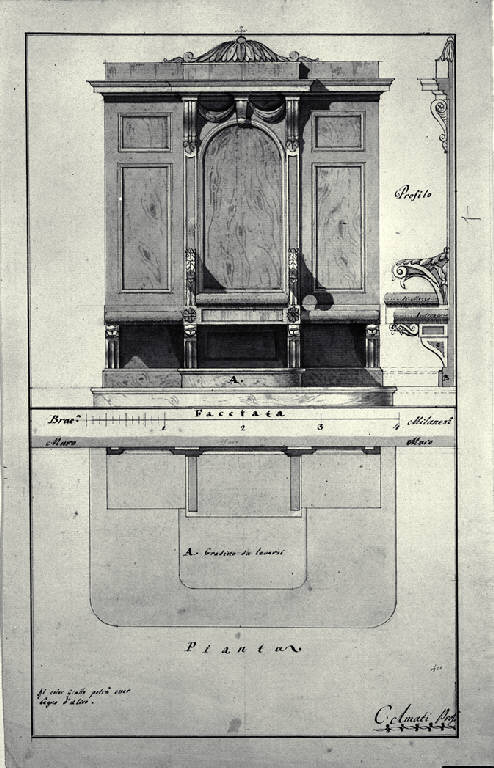 Pianta, sezione e prospetto del seggio per un arciprete (disegno) di Amati, Carlo (sec. XIX)