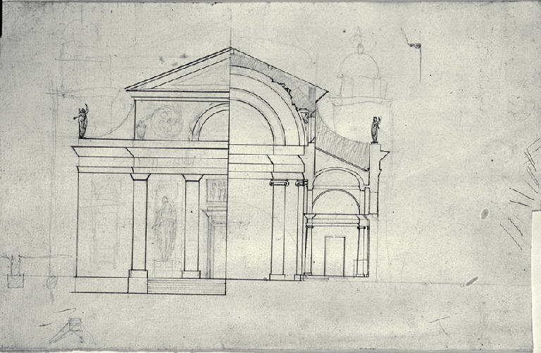 Prospetto e sezione trasversale di chiesa con pronao dorico e torri laterali (disegno) di Amati, Carlo (sec. XVIII)